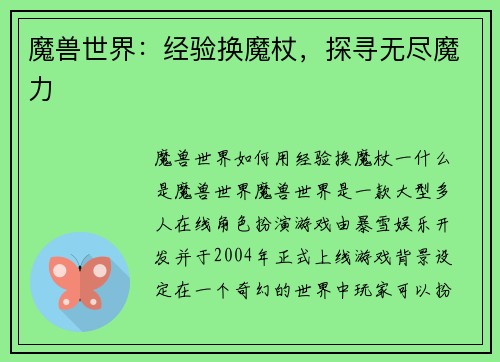 魔兽世界：经验换魔杖，探寻无尽魔力